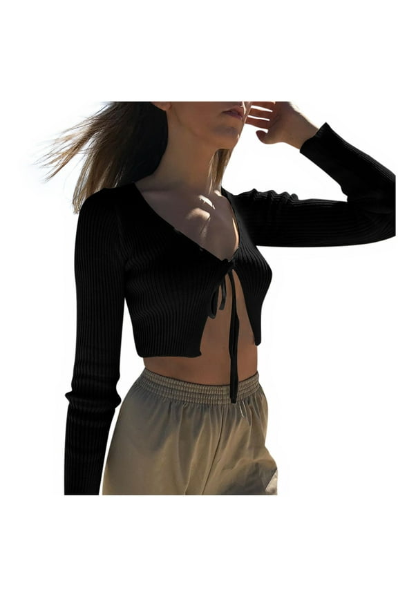Womens Fshion Cardigan Belted Knit Top with Tie Waist Design Casual Long Sleeve Open Front Outerwear Black,L
