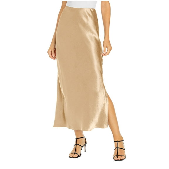 HNMKIU Womens High Waist Satin Skirt with Elastic Waistband and Side Slit Elegant for Women Z11045-Khaki,XL