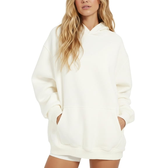 HNMKIU Womens Hoodies Plus Size Pullover Hoodie Solid Color Casual Sweatshirt Jacket for Everyday Wear and Comfortable Outerwear White,L