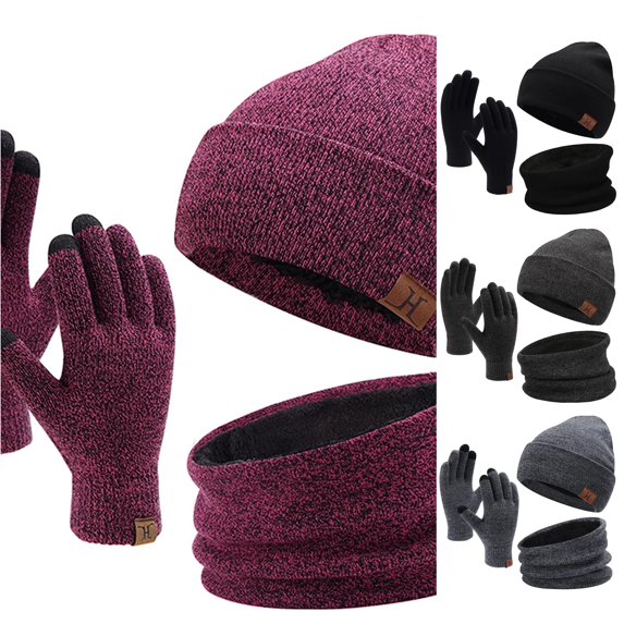 HNMKIU Womens Knitted Scarf Hat Set With Touchscreen Lined Neck Warmer Winter Outdoor Red - One Size