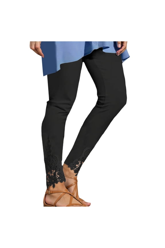 Womens Leggings Lace Panel Solid Color Stretchy Pants For Casual Dressy Wear Comfortable High WaistedBlack,XXL