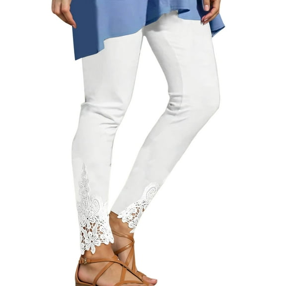 HNMKIU Womens Leggings Lace Panel Solid Color Stretchy Pants For Casual Dressy Wear Comfortable High WaistedWhite,L
