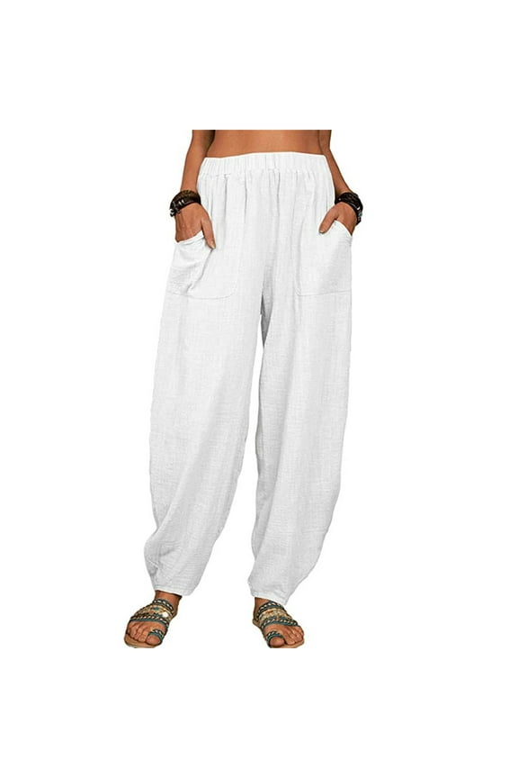 Womens Pants Elastic Solid Color With Pockets Long Casual Loose Fit Home Harem Trousers for Women White,XXXL