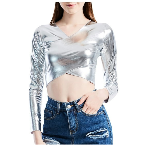 HNMKIU Womens Performance Fitted T Shirts for Women Wrap-Around Leather Solid Color Bustier Top Shirt for Club Silver-2,M