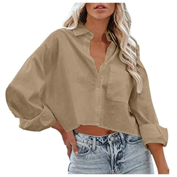 HNMKIU Womens Plus Size Solid Color Short Sleeve Shirt Casual Button Down Top Fashion Outerwear Blouse for Everyday Wear Z9184-Khaki,L