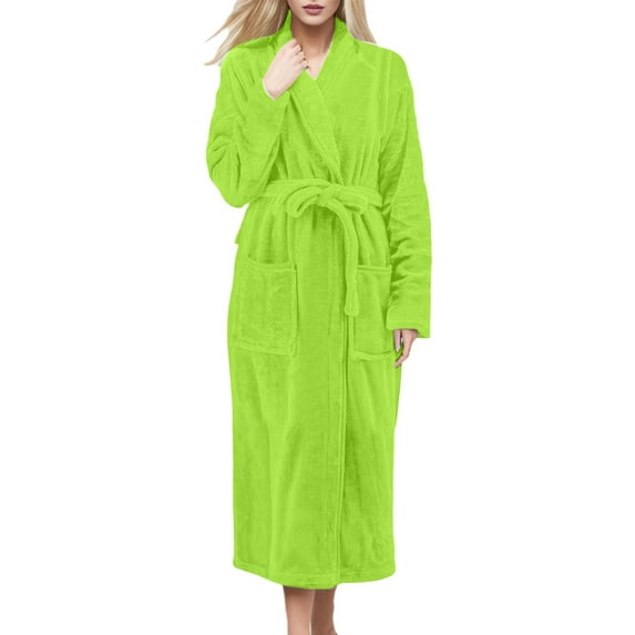 HNMKIU Womens Robes Long Sleeve Shawl Collar Soft Brushed Flannel with Belt Cozy Loungewear for Home Spa and Relaxation 01_Light Green,L