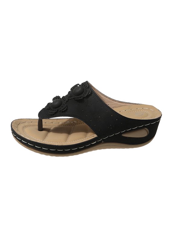 Womens Sandals Fashion Women Summer Flowers Casual Open Toe Massage Soft Bottom Slides Breathable On Style with Heel Beach Shoes Black,6