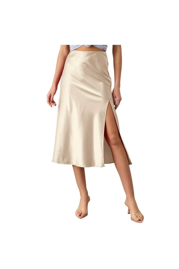Womens Satin Silk High Waist Slit Midi Skirt with Elastic Waistband for a Elegant for Women Z11048-Beige,XL
