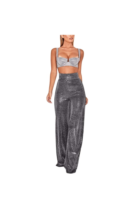 Womens Sequin Detail High Waisted Flared Style Stretchy Casual for Home and Fashion Wear Trousers for Women Silver,XXL