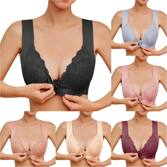 HNMKIU Womens Steel Ring French Front Close Bra T Back Plus Size Seamless Unlined Comfortable Large Bust Supportive Everyday Wear Black - 6XL
