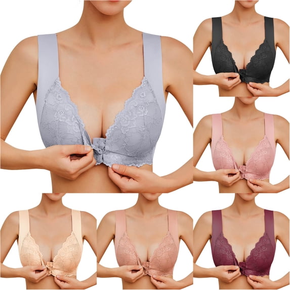 HNMKIU Womens Steel Ring French Front Close Bra T Back Plus Size Seamless Unlined Comfortable Large Bust Supportive Everyday Wear Grey - 6XL