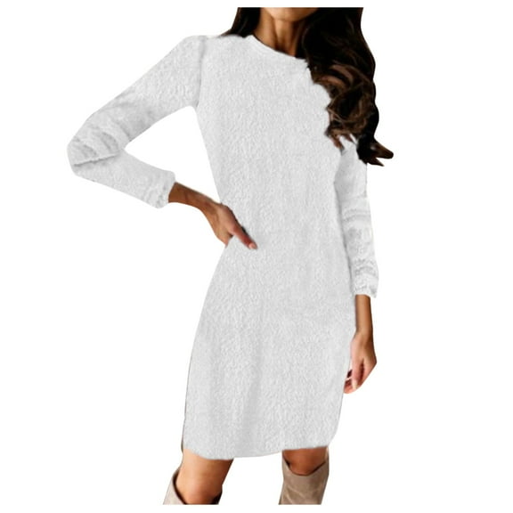 HNMKIU Womens Sweater Dress Solid Color Round Neck Long Sleeve Loose Knit Dress Warm Soft Casual Winter Dress for Daily Wear Z03_White,M