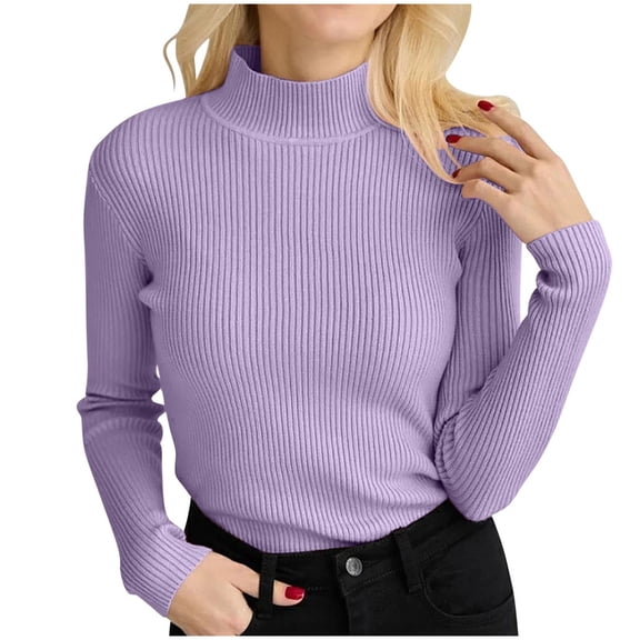 HNMKIU Womens Sweater Ribbed Pullover Turtleneck Knitted Long Sleeve Top Slim Fit Base Layer Shirt for Autumn Winter Purple,One Size