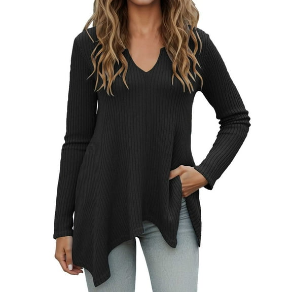 HNMKIU Womens Sweaters Solid Color V Neck Long Sleeve Knitted Pullover Top for Casual Everyday Wear and Comfort Black,L