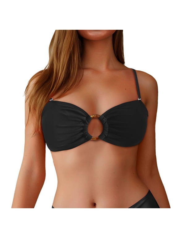 Womens Swim Tops Bandeau Swim Bra with Removable Shoulder Straps Strapless Design Women's Swimwear 02_Black,M