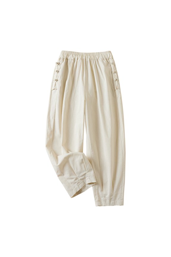 Womens Trousers Buckle Detail Elastic Waist Slender Harem Pants Leg Nine Points Casual Comfortable Cropped Pants for Women Beige,L