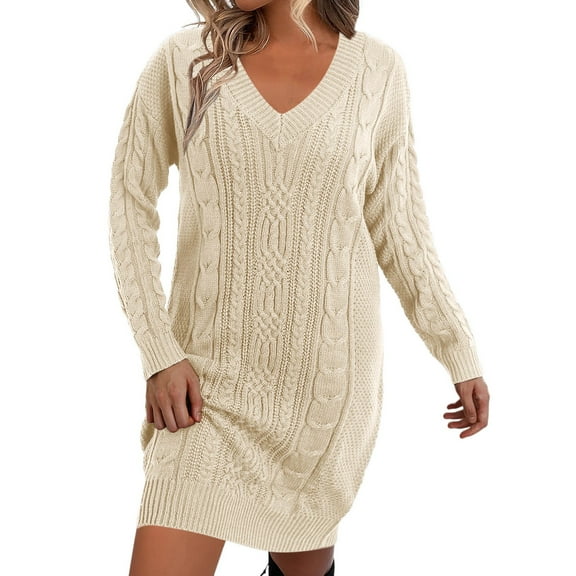 HNMKIU Womens V Neck Long Sleeve Cable Knit Loose Oversized Pullover Sweater Dress for Women Cozy and Warm 1-Beige,XL