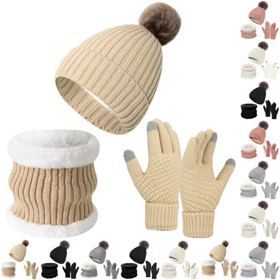 HNMKIU Womens Winter Hat Scarf Set Lined Knit Warm Long Neck Wrap Touchscreen Mittens Cold Weather Accessories BG2 - One Size