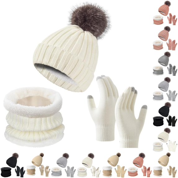 HNMKIU Womens Winter Hat Scarf Set Lined Knit Warm Long Neck Wrap Touchscreen Mittens Cold Weather Accessories WH3 - One Size