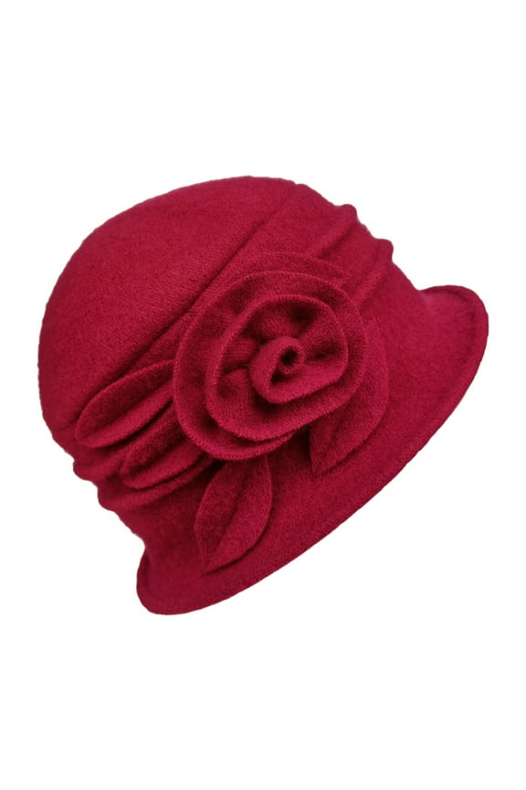 Wool Floral Cloche Hat for Women Elegant Winter Fashion Headwear Accessory Red,One Size