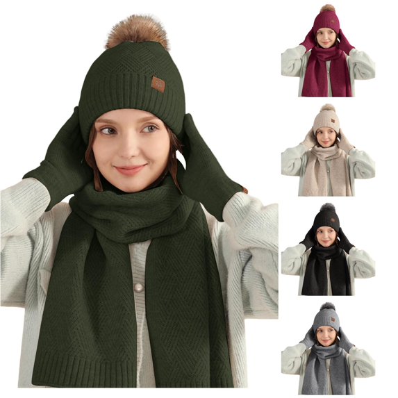 HNMKIU Wool Knitted Warm Hat Scarf Three Piece Winter Windproof Plus Velvet Set for Outdoor Sports Army Green - One Size