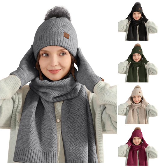 HNMKIU Wool Knitted Warm Hat Scarf Three Piece Winter Windproof Plus Velvet Set for Outdoor Sports Grey - One Size