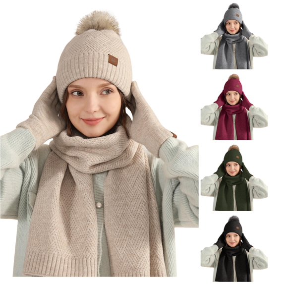 HNMKIU Wool Knitted Warm Hat Scarf Three Piece Winter Windproof Plus Velvet Set for Outdoor Sports Khaki - One Size