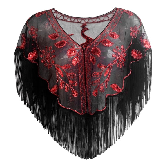HNMKIU Wraps 1920s Art Deco Sequin Beaded Cape for Women Evening Dress Party Banquet Coat Red,One Size
