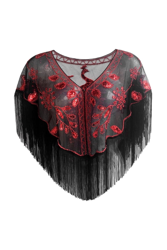 Wraps 1920s Art Deco Sequin Beaded Cape for Women Evening Dress Party Banquet Coat Red,One Size