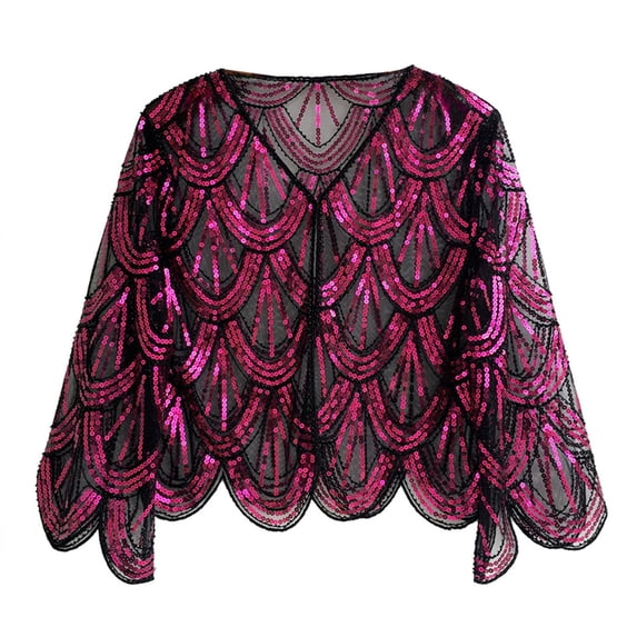 HNMKIU Wraps 1920s Art Deco Sequin Beaded Flapper Shawl Wrap Women's Elegant Wedding Cape Evening Party Cover Up Hot Pink,One Size