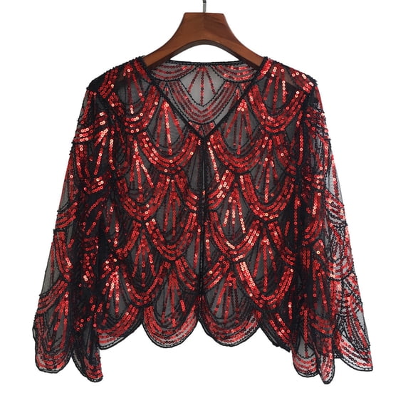 HNMKIU Wraps 1920s Art Deco Sequin Beaded Flapper Shawl Wrap Women's Elegant Wedding Cape Evening Party Cover Up Red,One Size