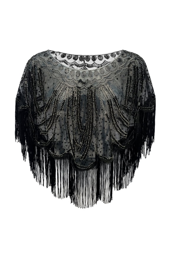 Wraps 1920s Art Deco Sequin Beaded Flapper Shawl Wrap Women's Evening Wedding Cape Party Cover Up Black,One Size