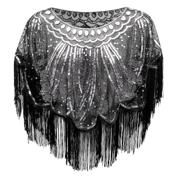 HNMKIU Wraps 1920s Art Deco Sequin Beaded Flapper Shawl Wrap Women's Evening Wedding Cape Party Cover Up Silver,One Size