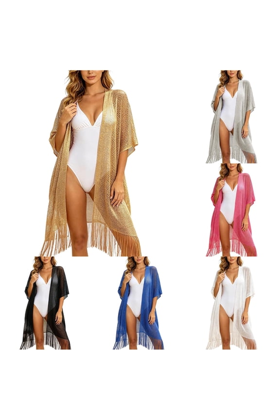 Wraps Elegant Metallic Fringe Shawl Wrap Beach Cover Up Resort Sun Kimono Cardigan Gold,One Size