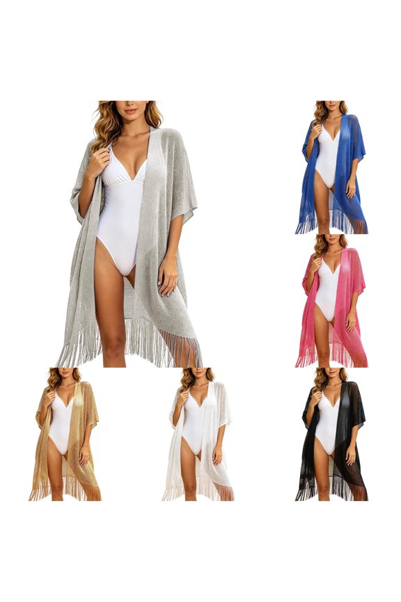 Wraps Elegant Metallic Fringe Shawl Wrap Beach Cover Up Resort Sun Kimono Cardigan Silver,One Size