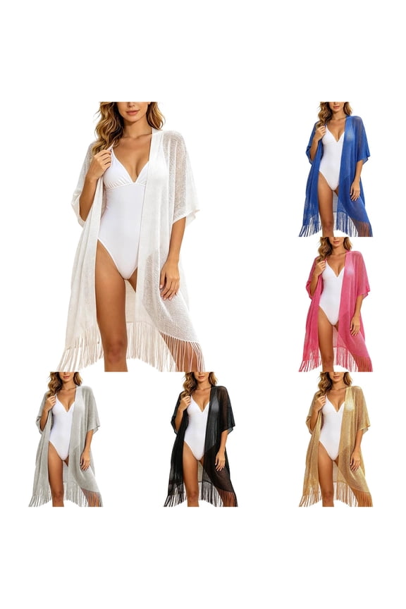 Wraps Elegant Metallic Fringe Shawl Wrap Beach Cover Up Resort Sun Kimono Cardigan White,One Size