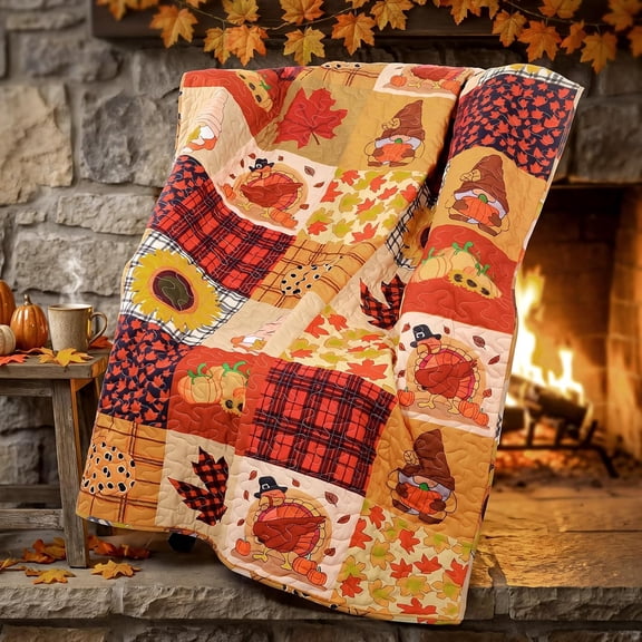 HNQEICB Fall Maple Leaves Quilted Throw Blanket, Autumn Patchwork Cozy Vintage Blankets, Harvest Throw Blankets, Fall Themed Blanket