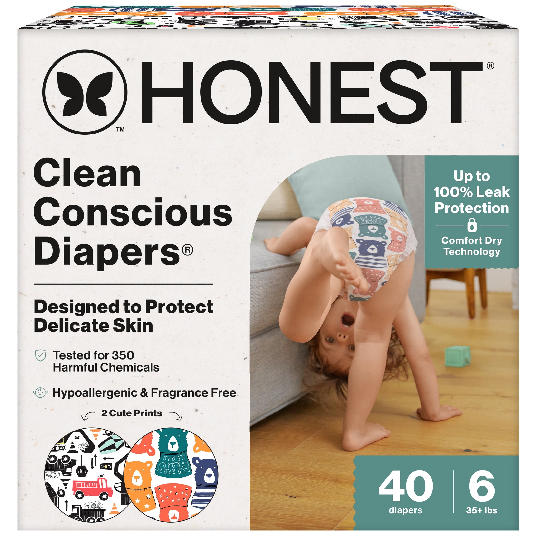 The Honest Company Clean Conscious Diapers® | Up to 100% Leak Protection I Designed to Protect Delicate Skin I Hypoallergenic + Fragrance Free | Beary Cool + Big Trucks, Size 6, 40 Count Club Box