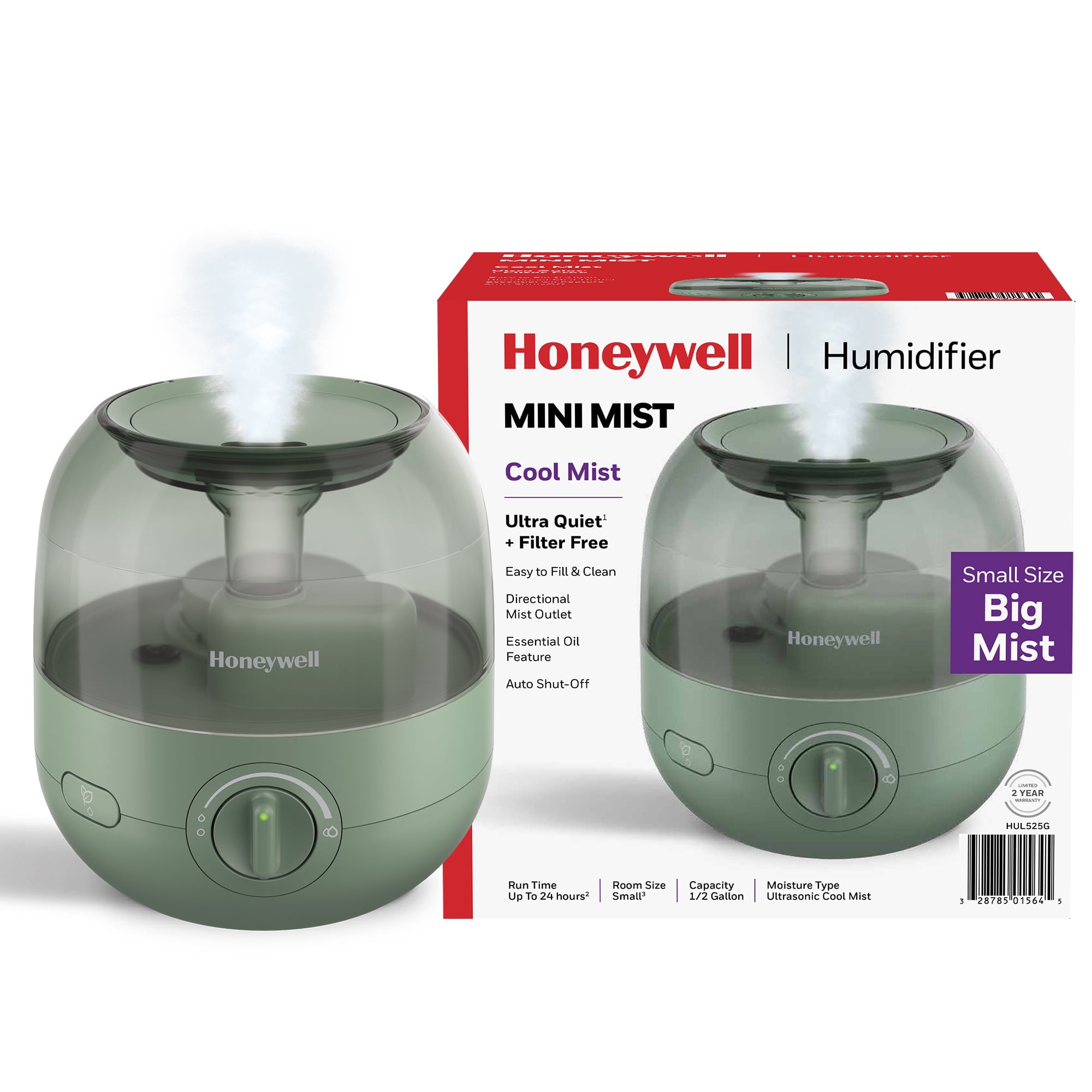 Honeywell 1/2 gal 250 sq ft. Mini Cool Mist Humidifier, Green, HUL525G