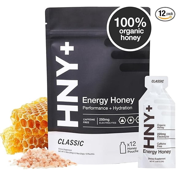 HNY+ Organic Honey Energy Gel with Electrolytes, Magnesium, Sea Salt & Potassium, Workout Gels, for Gym, Running, Cycling & Hiking, Sports Nutrition, Gluten Free & Vegan, Caffeine Free, 12 Pack