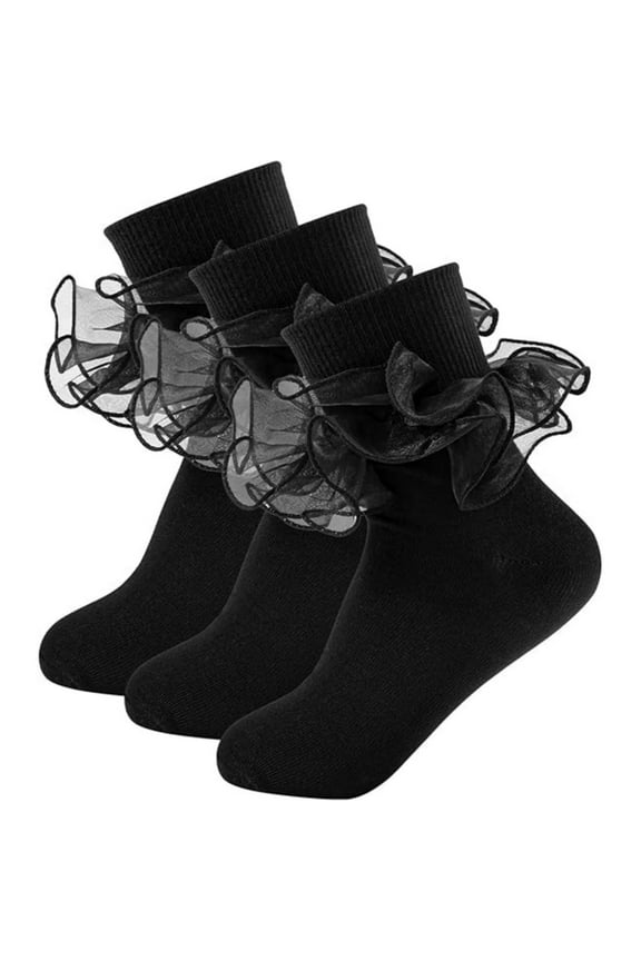 3 Pairs Girls Ruffle Socks, Double Lace Turn Cuff Socks, Pageant Socks for Girls, Black Frilly Dress Socks for Infant, Toddler, Kids (XLarge)