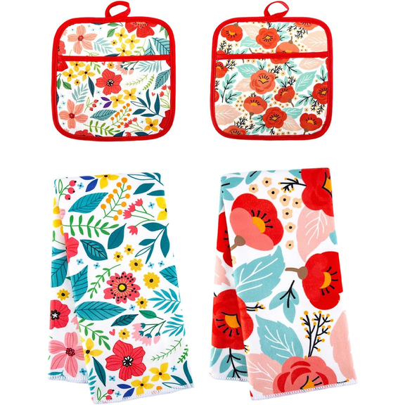 HNYG 4Pcs Kitchen Dish Towels Pot Holders set, Floral Microfiber Cloth Dish Towels Silicone Pot Holders Fits Kitchen Stuff Accessories Housewarming Gift for Women