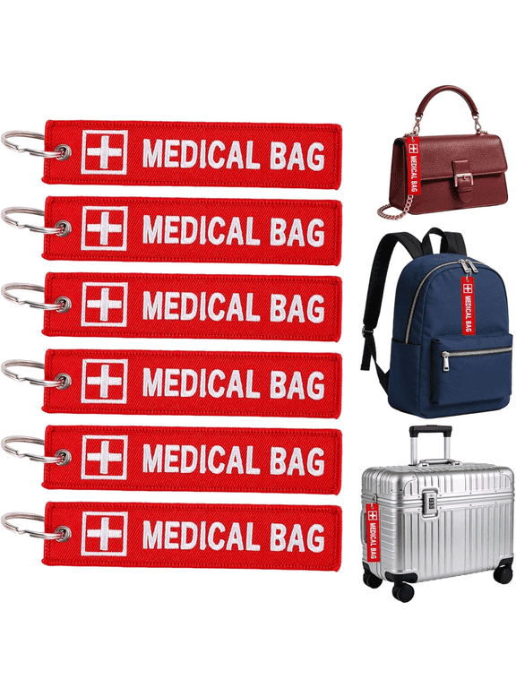6Pcs High Visibility Red Medical ID Luggage Tags, Double Sided Embroidered Medical Alert Tags with Keychain for Suitcases, Backpacks, First Aid Kits and Travel Bags