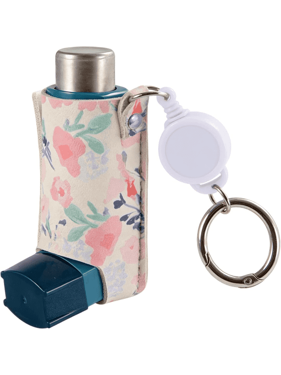 Asthma Inhaler Holder, PU Leather Protective Mini Holster, Inhaler Keychain Retractable Clip, Travel Portable Lightweight Inhaler Case, Pink Flower