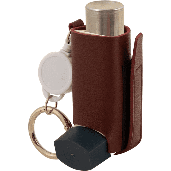 HNYG Asthma Inhaler Holder, PU Leather Protective Mini Holster, Inhaler Keychain Retractable Clip, Travel Portable Lightweight Inhaler Case, Wine Red