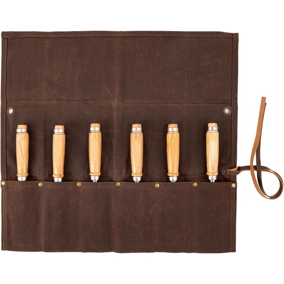 HNYG Chisel Roll, 6 Pockets Roll Up Tool Pouch, Waxed Canvas Small Tool Roll Organizer and Wrench Roll Up Bag for Chisel, Wrench, Pliers, Carving Knife