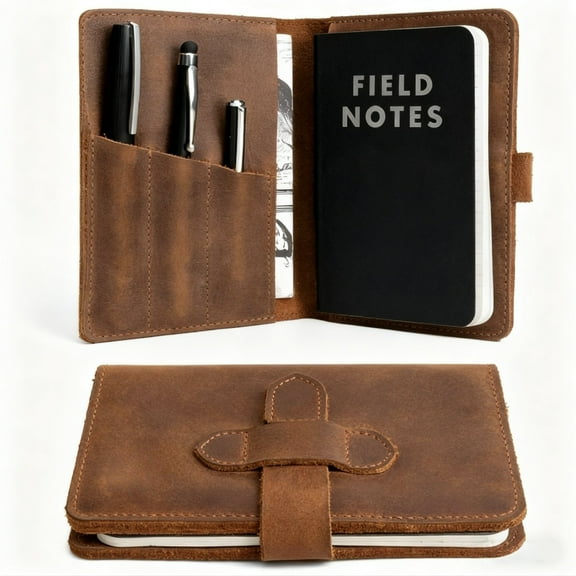 HNYG Leather Field Notes Cover for 3.5" x 5.5" Notebooks, Journal Cover for Moleskine Cahier, Leather Notebook Cover with Pen Holder