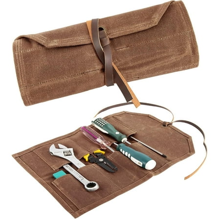 HNYG Tool Roll, 10 Pockets Tool Roll Up Pouch, Heavy Duty Waxed Canvas Tool Roll Bag, Chisel Wrench Spanner Tool Roll Organizer with Leather Rope, Brown
