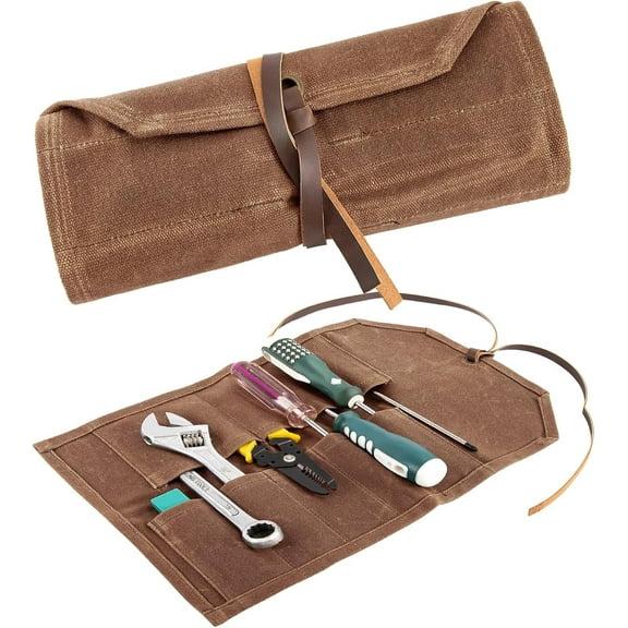 HNYG Tool Roll, 10 Pockets Tool Roll Up Pouch, Heavy Duty Waxed Canvas Tool Roll Bag, Chisel Wrench Spanner Tool Roll Organizer with Leather Rope, Brown