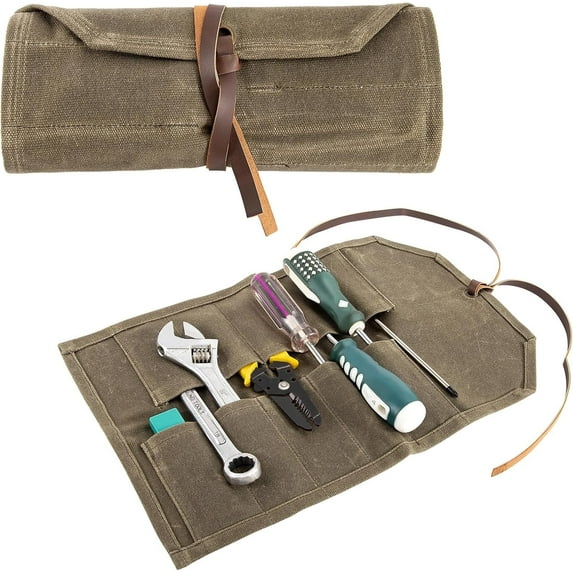 HNYG Tool Roll, 10 Pockets Tool Roll Up Pouch, Heavy Duty Waxed Canvas Tool Roll Bag, Chisel Wrench Spanner Tool Roll Organizer with Leather Rope, Green